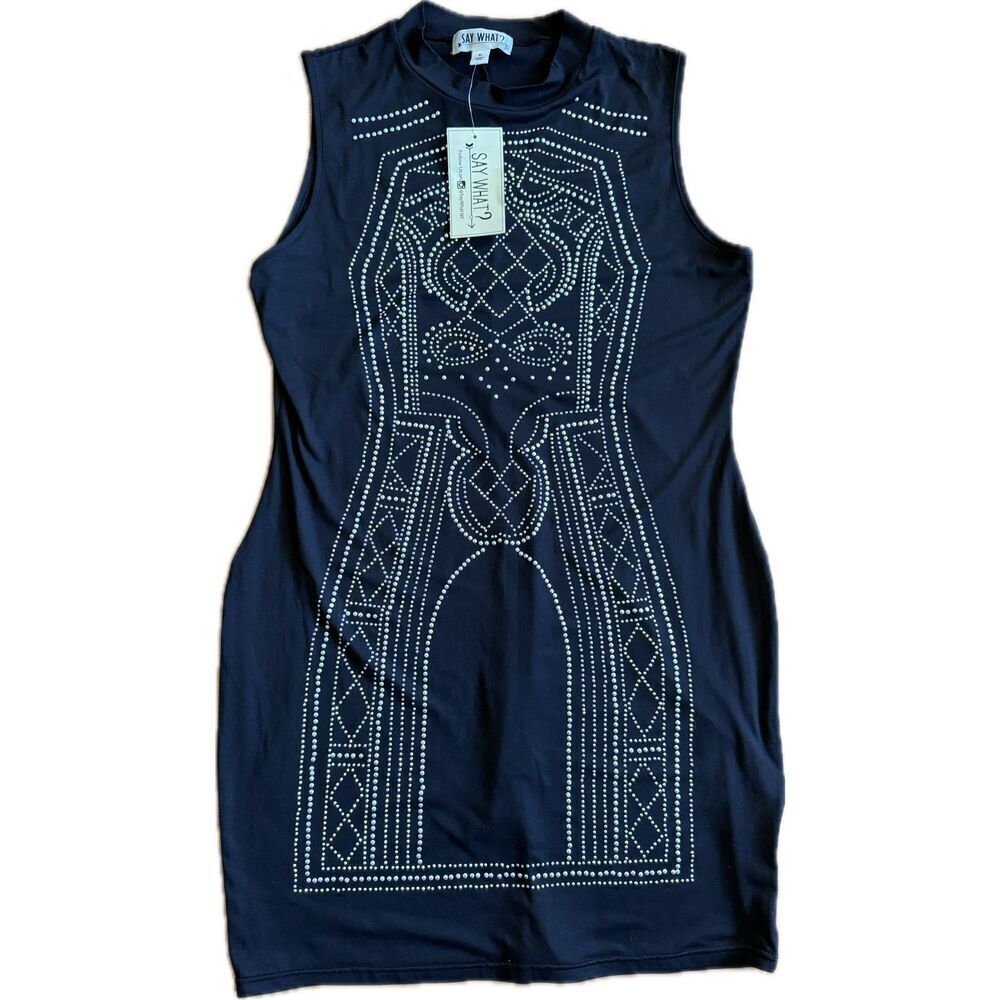 Say What Dress Knit Beaded Bodycon Mini Sleeveless XL Black NEW Goth